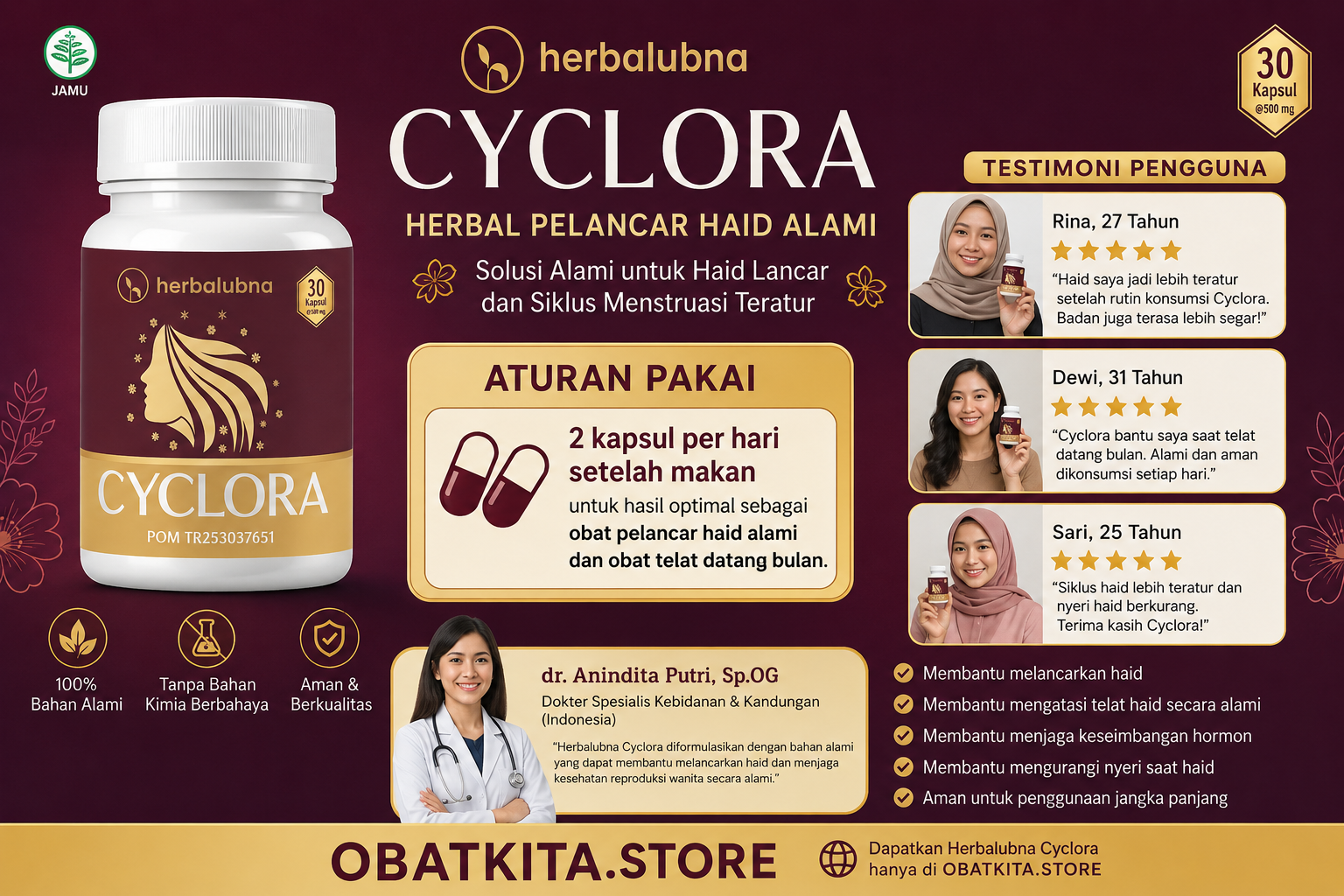 Cara konsumsi Herbalubna Cyclora obat pelancar haid 2 kapsul per hari setelah makan