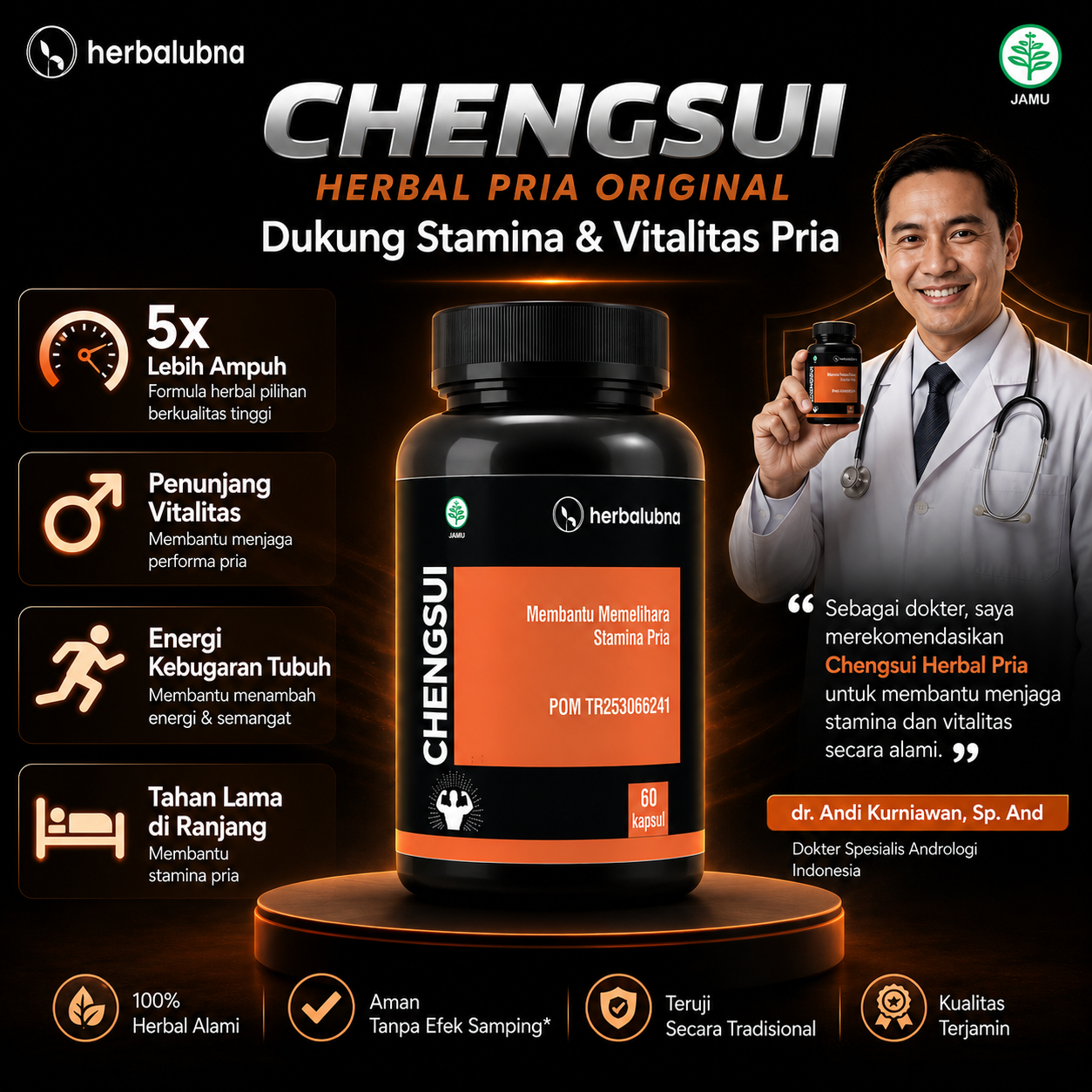 Dapatkan stamina maksimal dengan Obat Kuat Herbalubna Chengsui! Tahan lama, ereksi keras, dan atasi ejakulasi dini. BPOM TR253066241. COD gratis ongkir!
