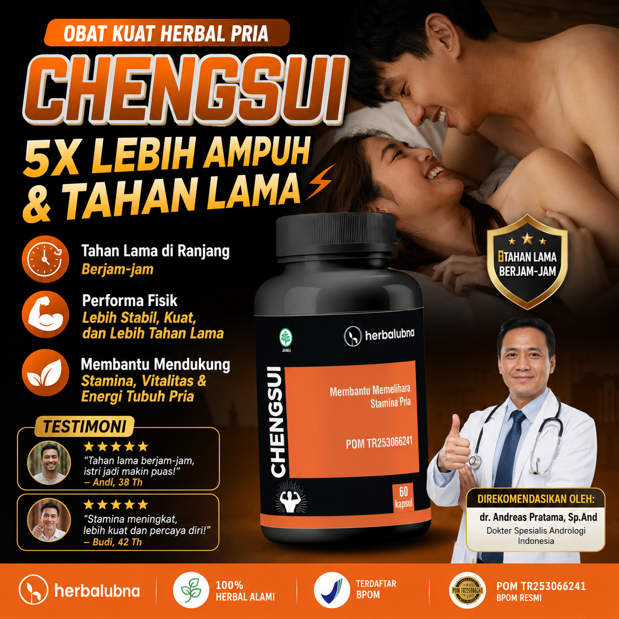 Dapatkan stamina maksimal dengan Obat Kuat Herbalubna Chengsui! Tahan lama, ereksi keras, dan atasi ejakulasi dini. BPOM TR253066241. COD gratis ongkir!