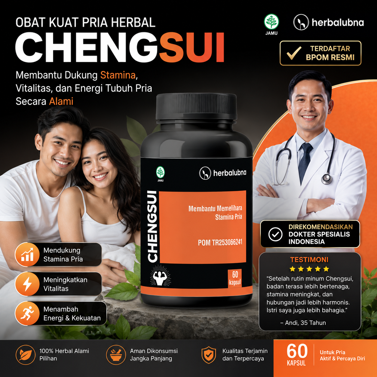 Dapatkan stamina maksimal dengan Obat Kuat Herbalubna Chengsui! Tahan lama, ereksi keras, dan atasi ejakulasi dini. BPOM TR253066241. COD gratis ongkir!