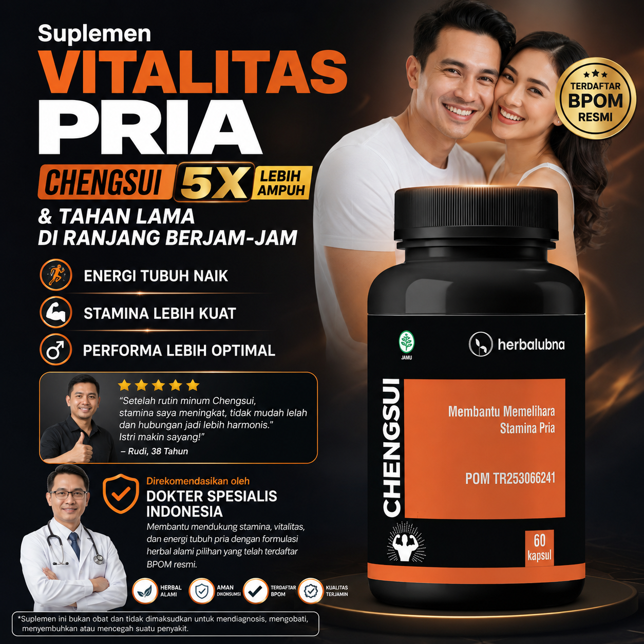 Dapatkan stamina maksimal dengan Obat Kuat Herbalubna Chengsui! Tahan lama, ereksi keras, dan atasi ejakulasi dini. BPOM TR253066241. COD gratis ongkir!