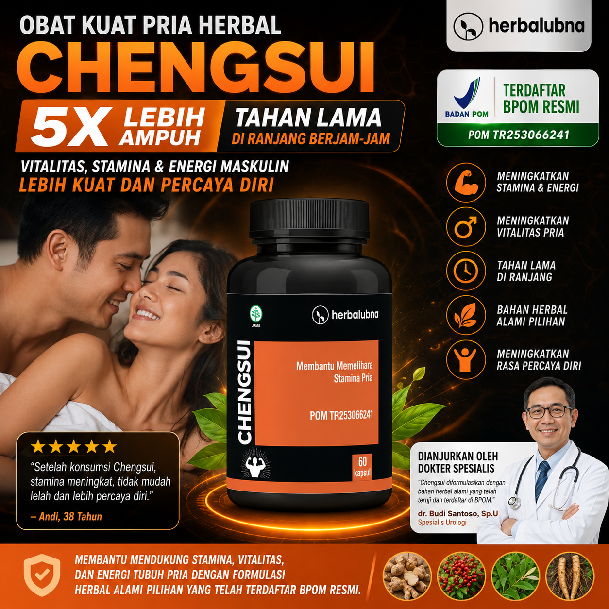 Dapatkan stamina maksimal dengan Obat Kuat Herbalubna Chengsui! Tahan lama, ereksi keras, dan atasi ejakulasi dini. BPOM TR253066241. COD gratis ongkir!