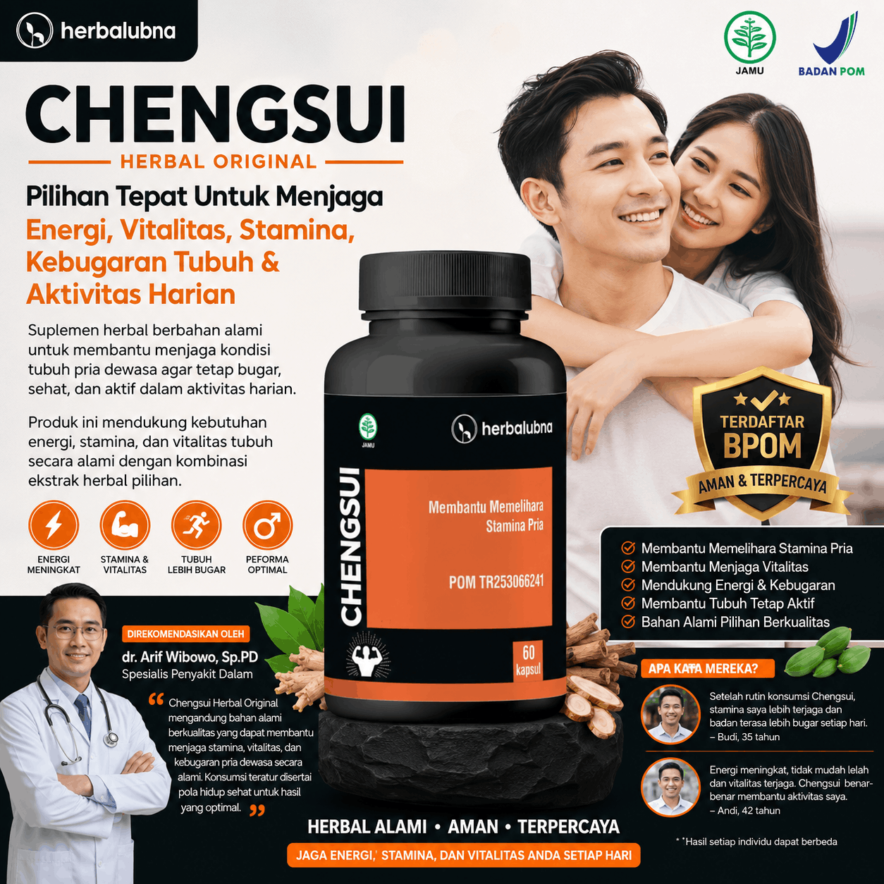 Dapatkan stamina maksimal dengan Obat Kuat Herbalubna Chengsui! Tahan lama, ereksi keras, dan atasi ejakulasi dini. BPOM TR253066241. COD gratis ongkir!