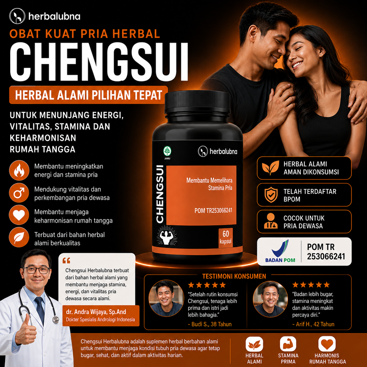 Dapatkan stamina maksimal dengan Obat Kuat Herbalubna Chengsui! Tahan lama, ereksi keras, dan atasi ejakulasi dini. BPOM TR253066241. COD gratis ongkir!