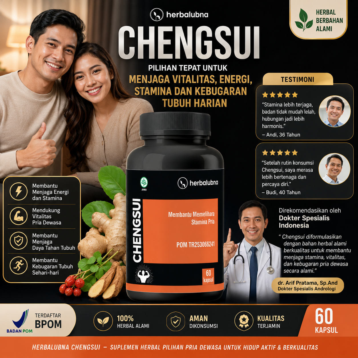 Dapatkan stamina maksimal dengan Obat Kuat Herbalubna Chengsui! Tahan lama, ereksi keras, dan atasi ejakulasi dini. BPOM TR253066241. COD gratis ongkir!