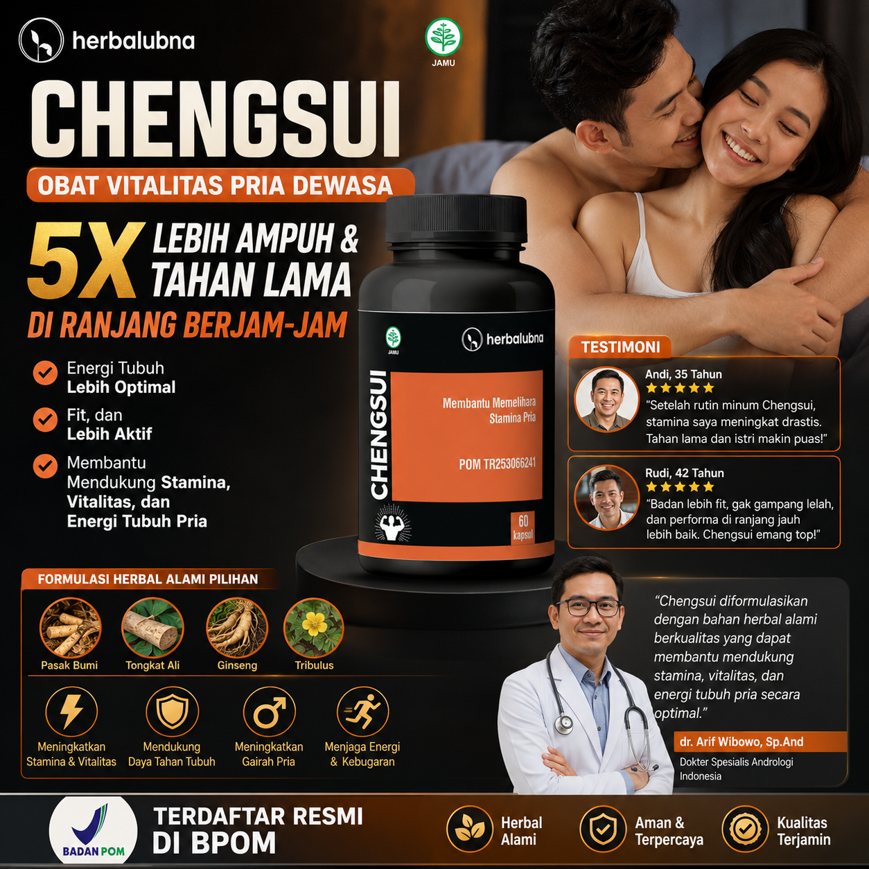 Dapatkan stamina maksimal dengan Obat Kuat Herbalubna Chengsui! Tahan lama, ereksi keras, dan atasi ejakulasi dini. BPOM TR253066241. COD gratis ongkir!