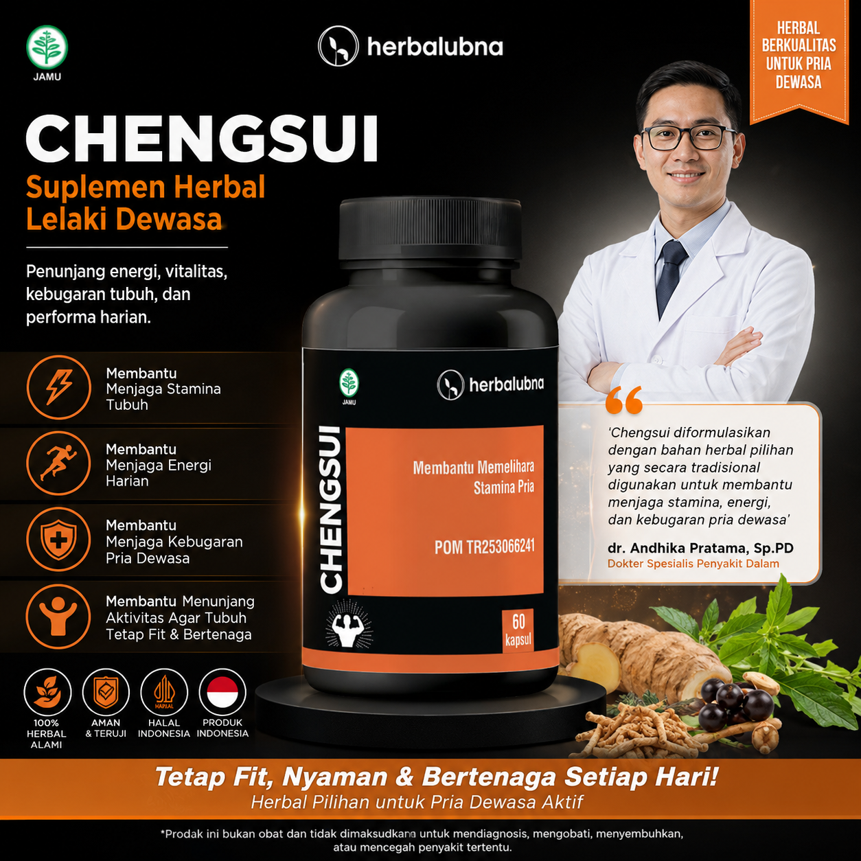 Dapatkan stamina maksimal dengan Obat Kuat Herbalubna Chengsui! Tahan lama, ereksi keras, dan atasi ejakulasi dini. BPOM TR253066241. COD gratis ongkir!