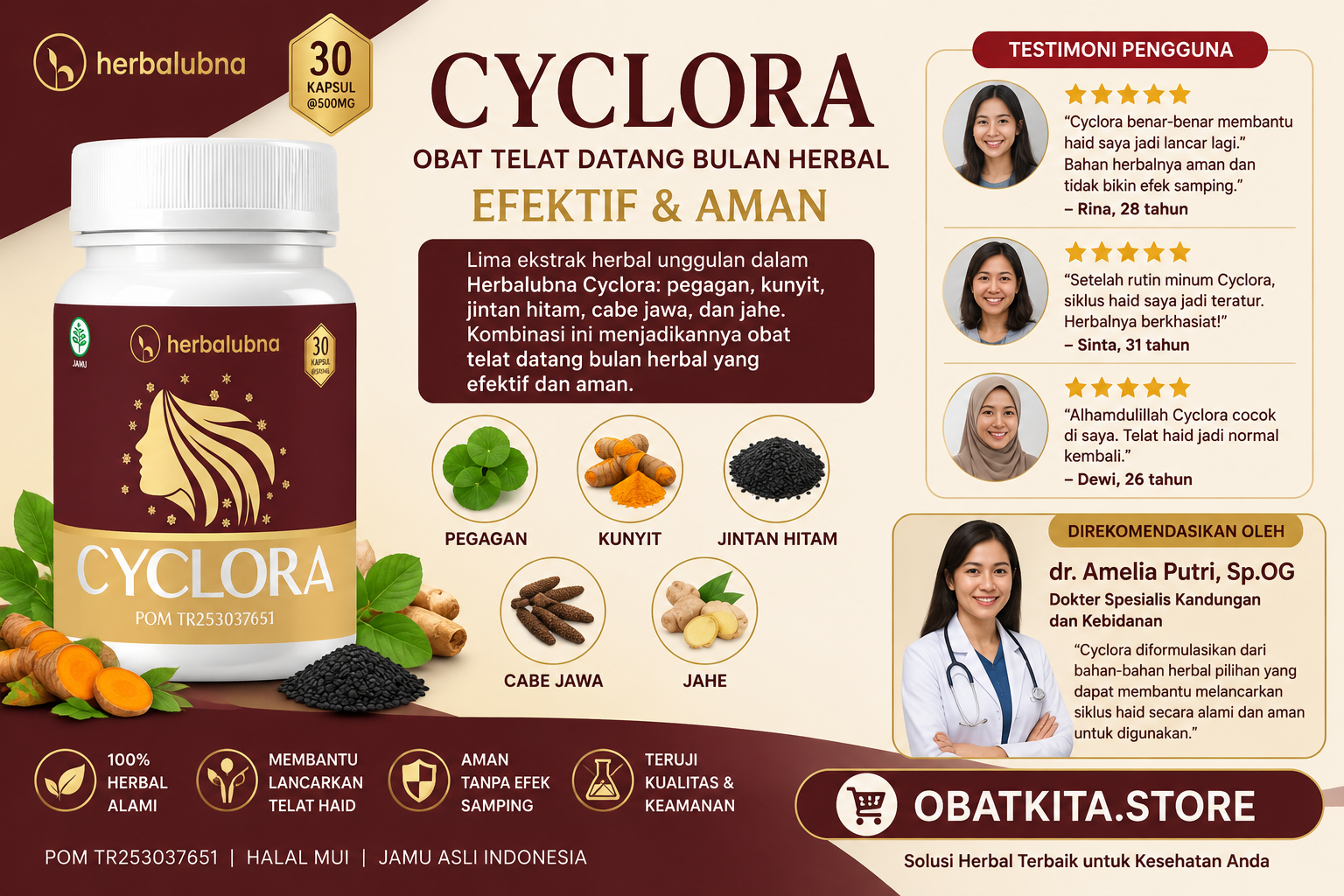 Ekstrak herbal pegagan kunyit jintan hitam cabe jawa jahe sebagai obat pelancar haid Herbalubna Cyclora
