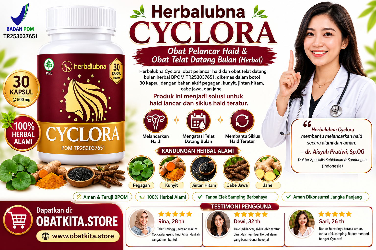 Kapsul Herbalubna Cyclora sebagai obat pelancar haid dan obat telat datang bulan herbal BPOM