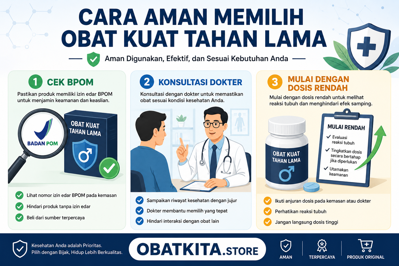 Infografis cara aman memilih obat kuat tahan lama: cek BPOM, konsultasi dokter, dan mulai dengan dosis rendah.