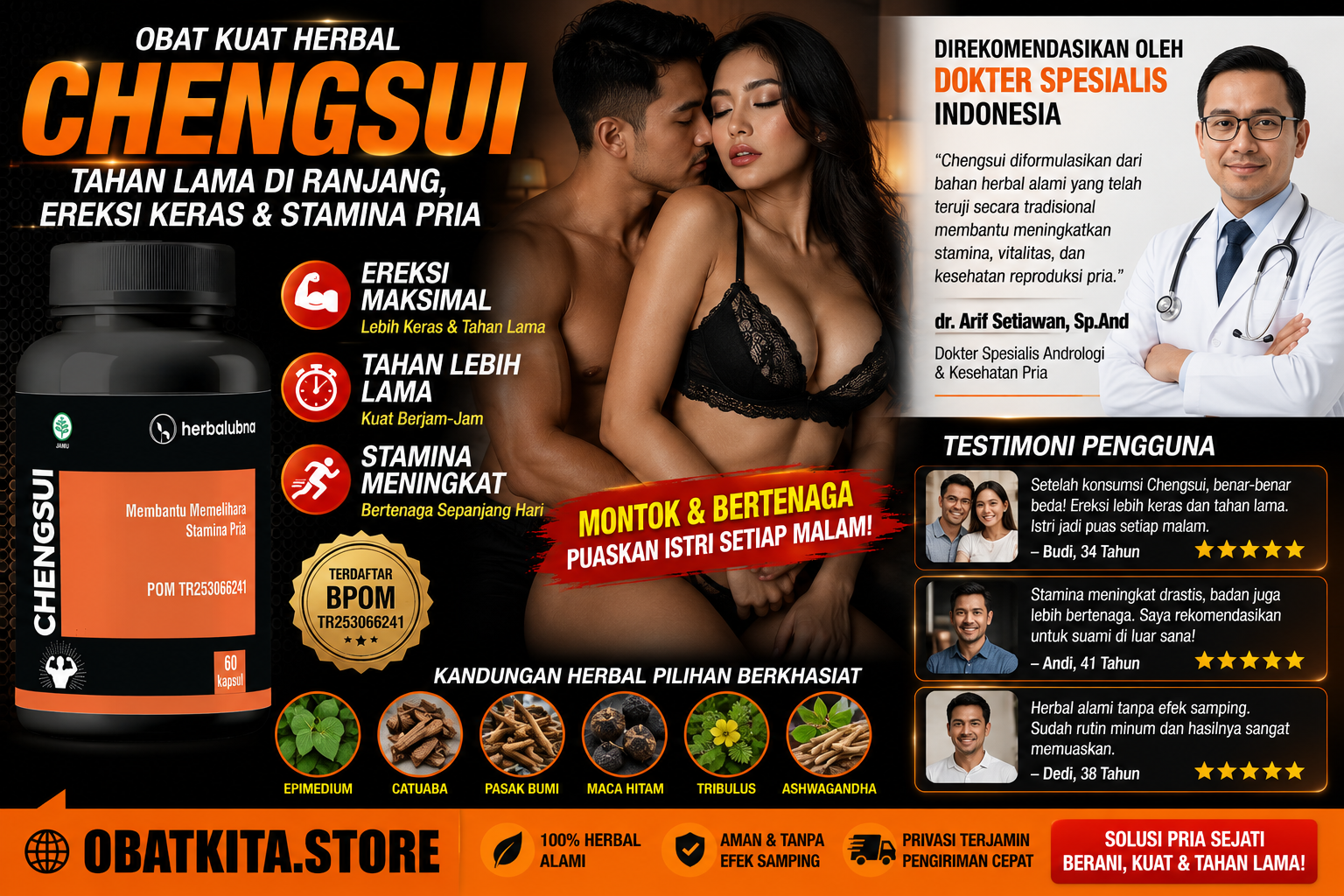 Dapatkan stamina maksimal dengan Obat Kuat Herbalubna Chengsui! Tahan lama, ereksi keras, dan atasi ejakulasi dini. BPOM TR253066241. COD gratis ongkir!