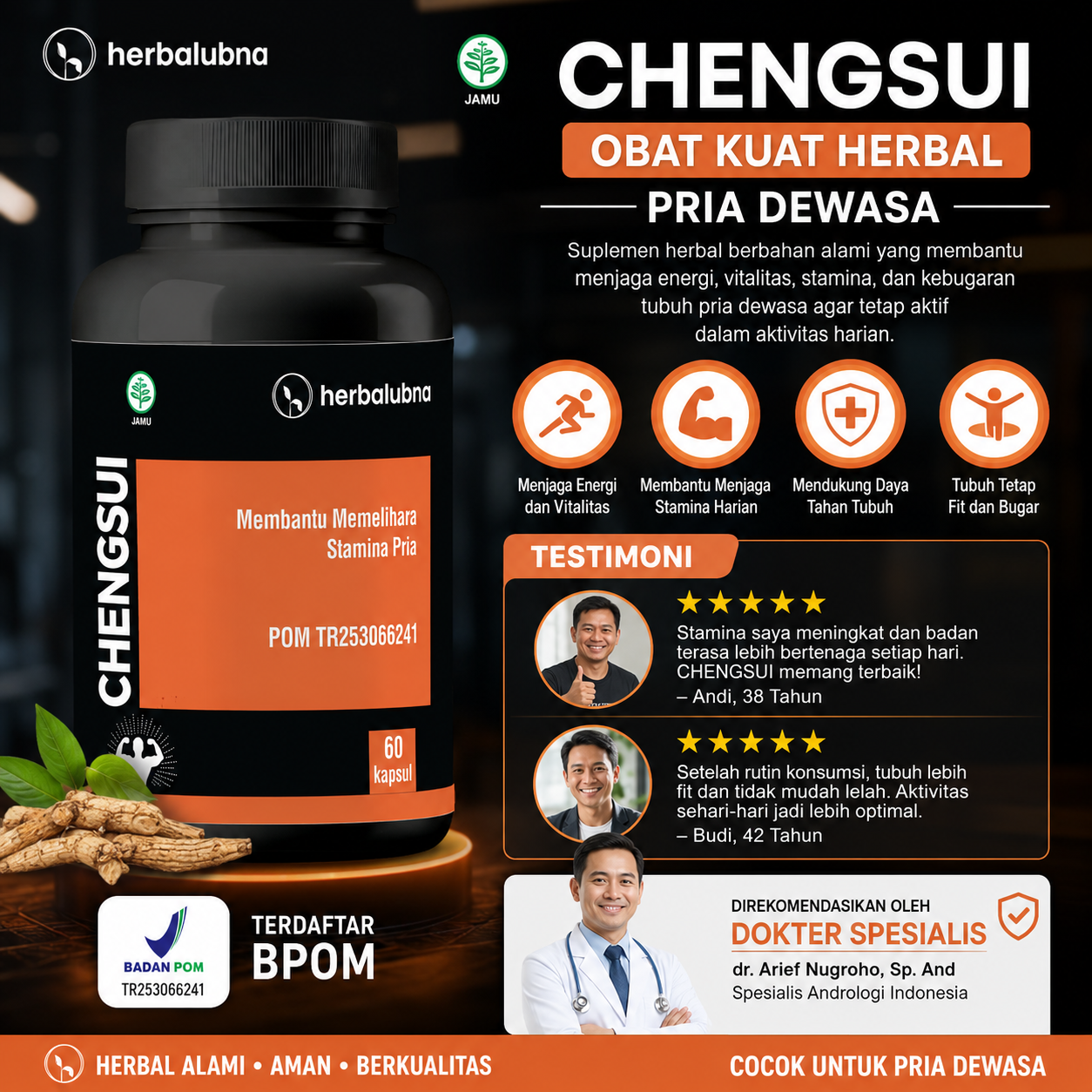 Dapatkan stamina maksimal dengan Obat Kuat Herbalubna Chengsui! Tahan lama, ereksi keras, dan atasi ejakulasi dini. BPOM TR253066241. COD gratis ongkir!