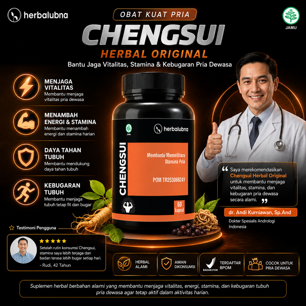 Dapatkan stamina maksimal dengan Obat Kuat Herbalubna Chengsui! Tahan lama, ereksi keras, dan atasi ejakulasi dini. BPOM TR253066241. COD gratis ongkir!