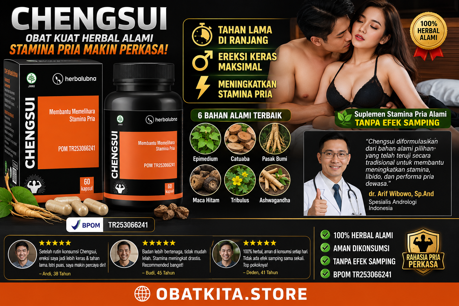 Dapatkan stamina maksimal dengan Obat Kuat Herbalubna Chengsui! Tahan lama, ereksi keras, dan atasi ejakulasi dini. BPOM TR253066241. COD gratis ongkir!