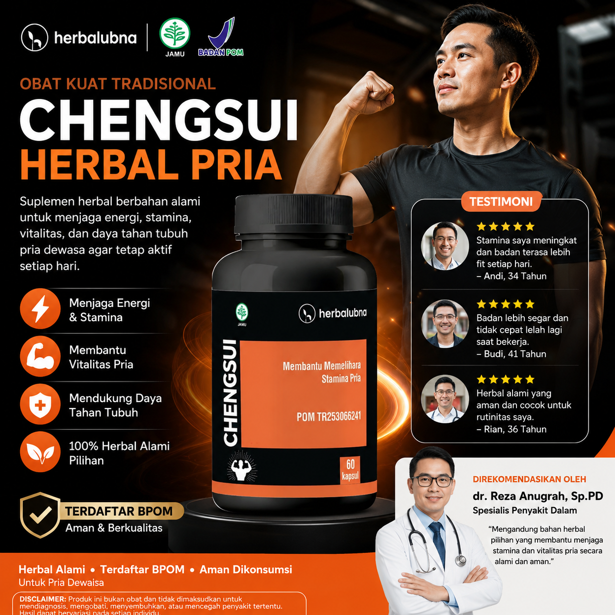 Dapatkan stamina maksimal dengan Obat Kuat Herbalubna Chengsui! Tahan lama, ereksi keras, dan atasi ejakulasi dini. BPOM TR253066241. COD gratis ongkir!